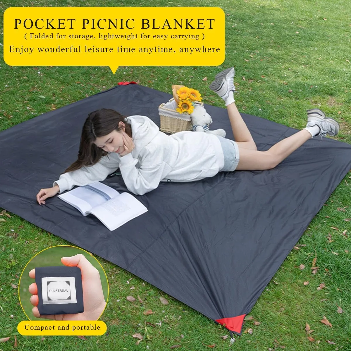 Mini Pocket Picnic Blanket with 4 Fixed Stakes Foldable Portable Picnic Mat Rug Lightweight Waterproof Beach Blanket Multifunctional Thin Ground Sheet for Camping Hiking Travel