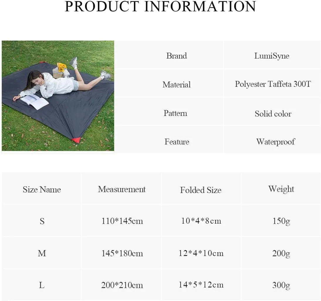 Mini Pocket Picnic Blanket with 4 Fixed Stakes Foldable Portable Picnic Mat Rug Lightweight Waterproof Beach Blanket Multifunctional Thin Ground Sheet for Camping Hiking Travel