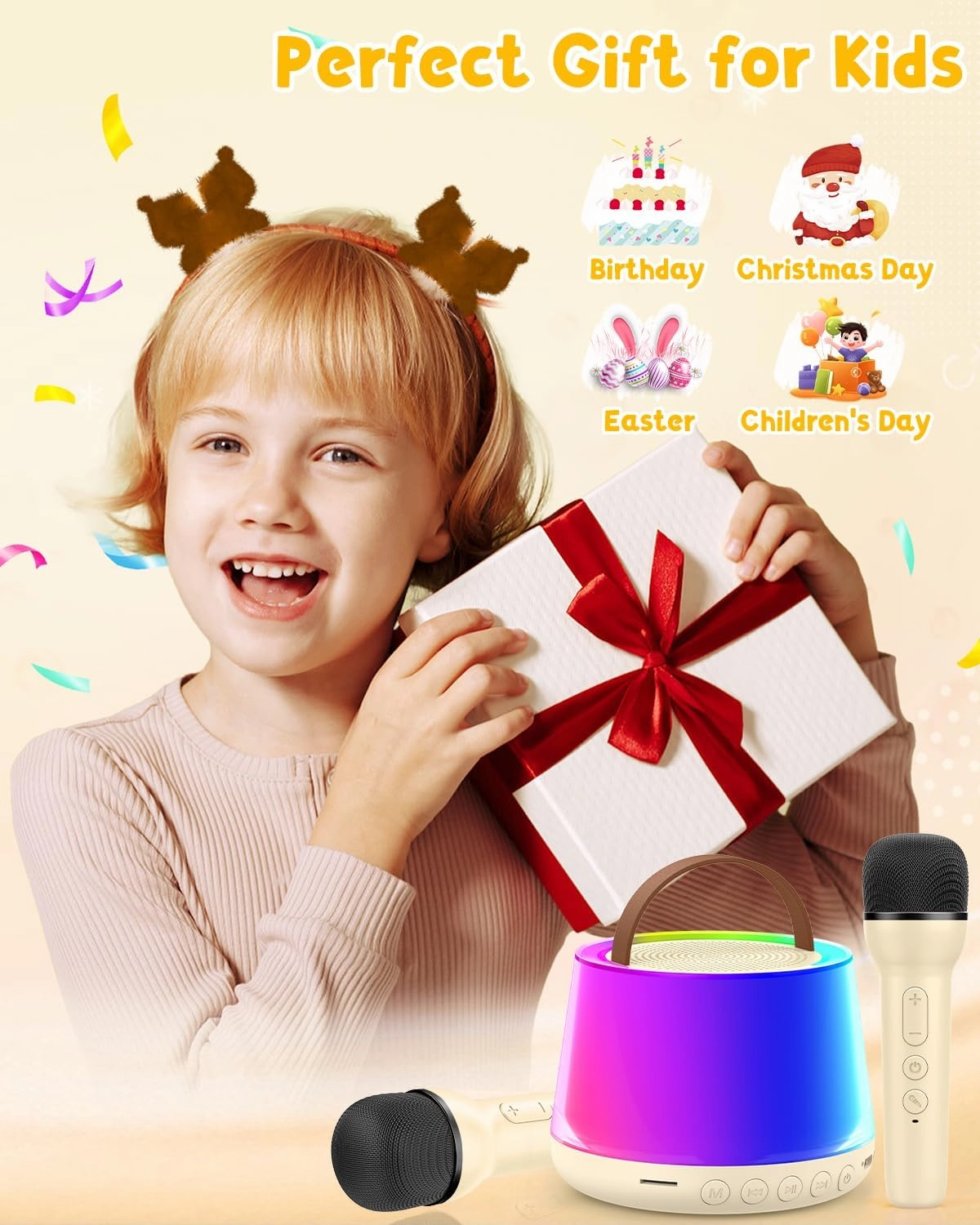 Mini Karaoke Machine for Kids, Portable Bluetooth Speaker with 2 Wireless Microphones and Led Light, Birthday Gifts for 4 5 6 7 8 9 10 11 12 Year Old Girl, Kid Karaoke Machine Toys, Beige