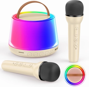 Mini Karaoke Machine for Kids, Portable Bluetooth Speaker with 2 Wireless Microphones and Led Light, Birthday Gifts for 4 5 6 7 8 9 10 11 12 Year Old Girl, Kid Karaoke Machine Toys, Beige