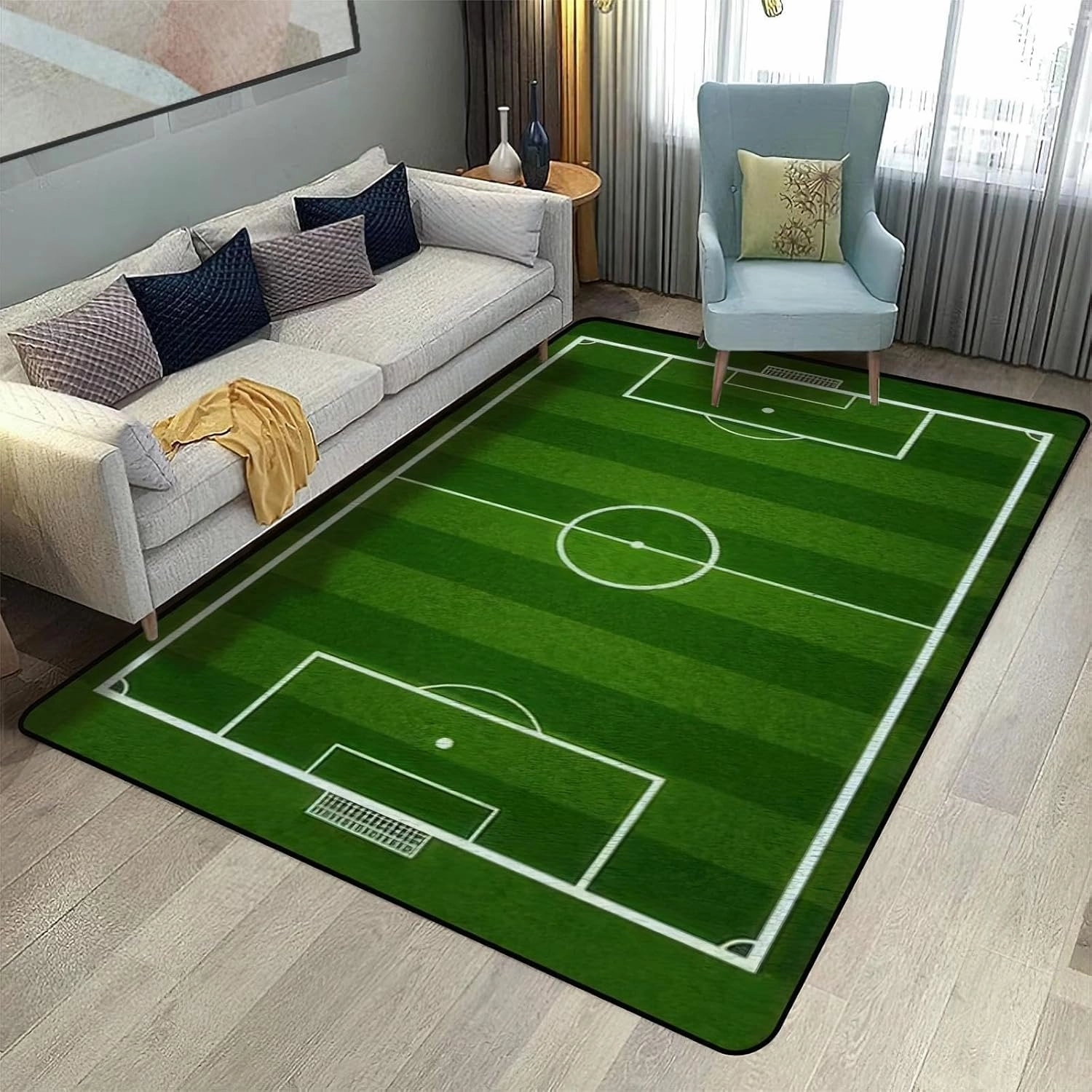 Modern Green Grass Sports Area Rug, White Football Field Grassland Interior Rug for Decoration Super Soft Portable Thickening for Living Room Bedroom Study 5ftx3.3ft