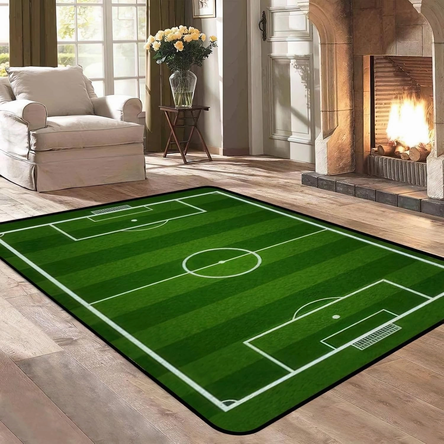 Modern Green Grass Sports Area Rug, White Football Field Grassland Interior Rug for Decoration Super Soft Portable Thickening for Living Room Bedroom Study 5ftx3.3ft