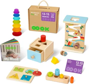 Montessori Toys for 1 Year Old, 6 in 1 Wooden Educational Toys for 1 Year Old with Cylinder Block, Ball Drop, Nesting Cups, Sorting Drop Box and More. Perfect Montessori Gift for 12-18 Months.