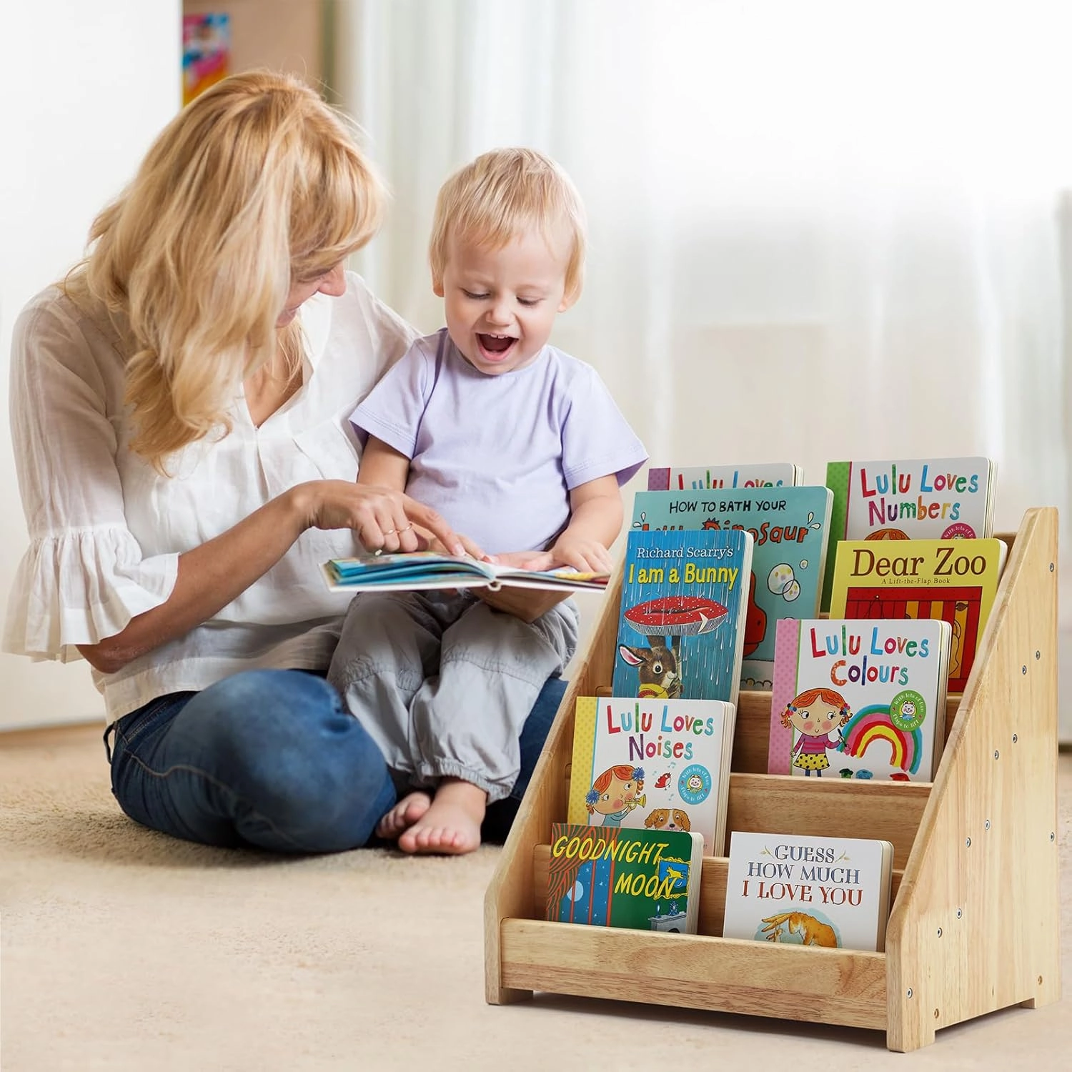 Montessori Bookshelf for Toddler 1-5 Years, Kids Wooden 5-Tier Front Facing Book Display Shelf with Chalkboard for Bedroom,Playroom,Classroom,Book Rack Organizer, Natural