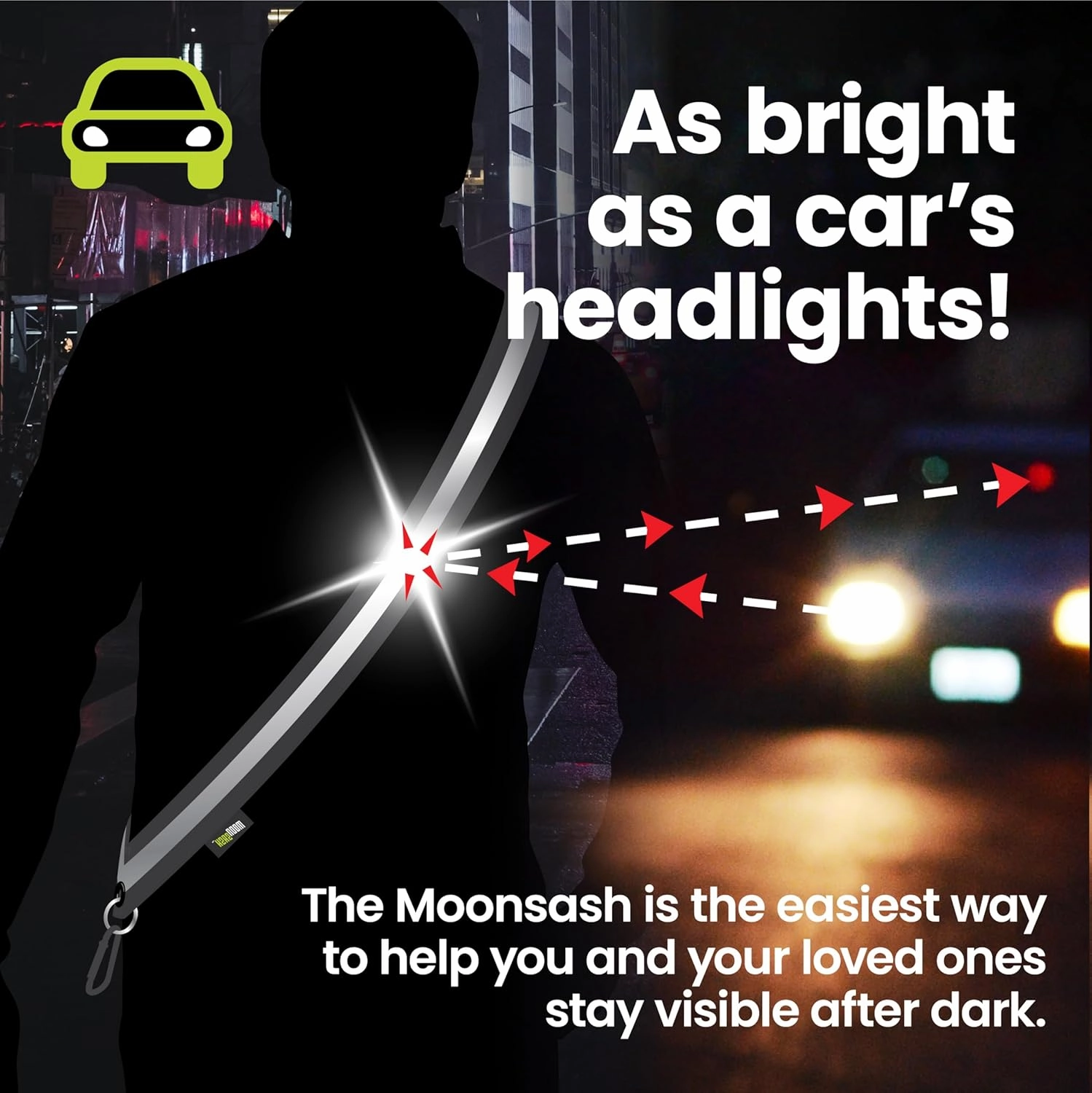 MOONSASH Reflective Sash for Walking at Night | USA-Made | Fitted, Reversible   Patented Night Walking Safety Gear | Perfect Belt/Reflective Vest for Women & Men Alternative | Essential Running Gear