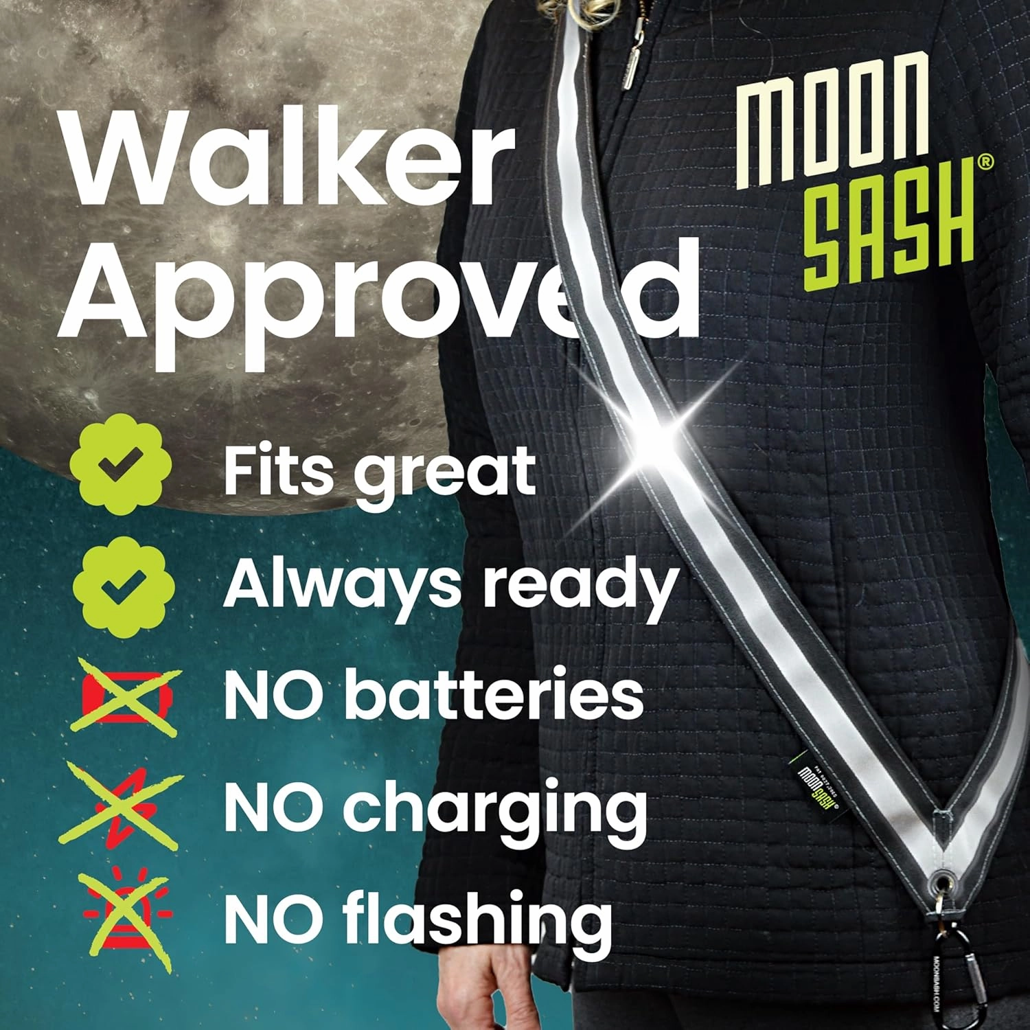 MOONSASH Reflective Sash for Walking at Night | USA-Made | Fitted, Reversible   Patented Night Walking Safety Gear | Perfect Belt/Reflective Vest for Women & Men Alternative | Essential Running Gear