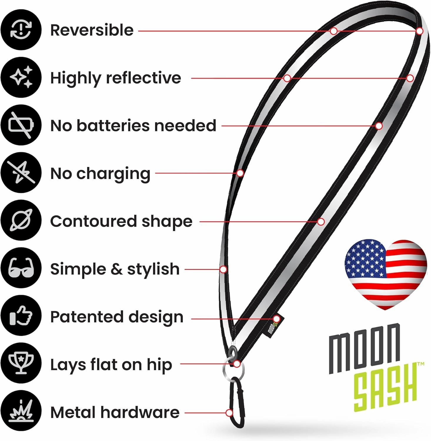 MOONSASH Reflective Sash for Walking at Night | USA-Made | Fitted, Reversible   Patented Night Walking Safety Gear | Perfect Belt/Reflective Vest for Women & Men Alternative | Essential Running Gear