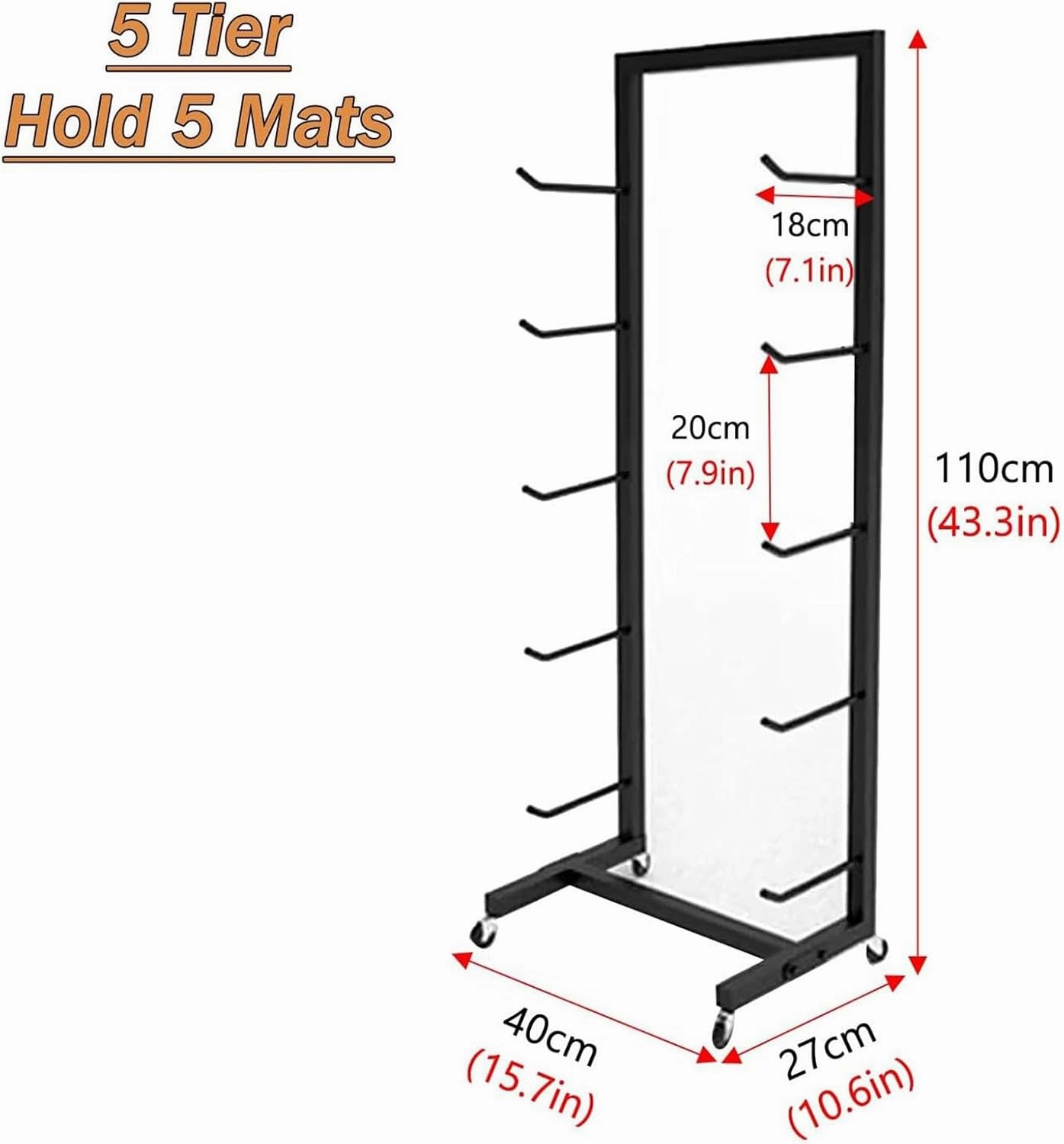 Movable Yoga Mat Holder with Lockable Wheels, Portable Skateboard Foam Roller Storage Rack Against The Wall, Commercial Home Yoga Mat Organizer, Steel Frame Yoga Mat Holders for Women