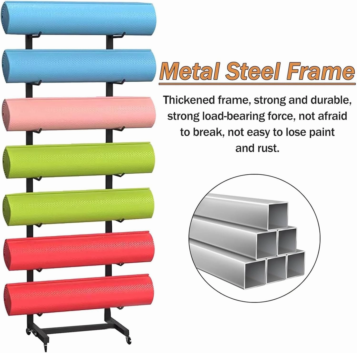 Movable Yoga Mat Holder with Lockable Wheels, Portable Skateboard Foam Roller Storage Rack Against The Wall, Commercial Home Yoga Mat Organizer, Steel Frame Yoga Mat Holders for Women