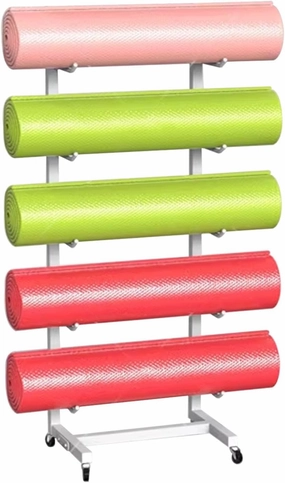 Movable Yoga Mat Holder with Lockable Wheels, Portable Skateboard Foam Roller Storage Rack Against The Wall, Commercial Home Yoga Mat Organizer, Steel Frame Yoga Mat Holders for Women
