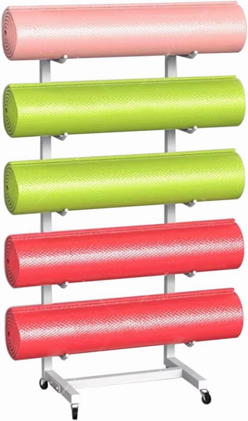 Movable Yoga Mat Holder with Lockable Wheels, Portable Skateboard Foam Roller Storage Rack Against The Wall, Commercial Home Yoga Mat Organizer, Steel Frame Yoga Mat Holders for Women