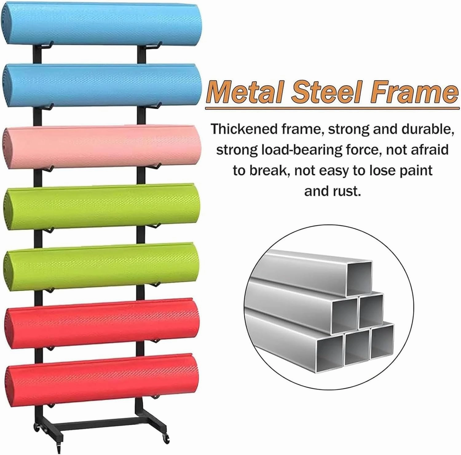 Movable Yoga Mat Rack with Lockable Wheels, Portable Yoga Mat Organizer for Foam Rollers & Exercise Mats, Multi-Purpose Skateboard Foam Roller Storage Rack for Commercial Home