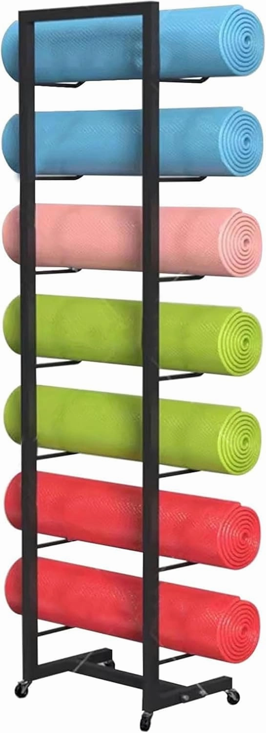 Movable Yoga Mat Rack with Lockable Wheels, Portable Yoga Mat Organizer for Foam Rollers & Exercise Mats, Multi-Purpose Skateboard Foam Roller Storage Rack for Commercial Home