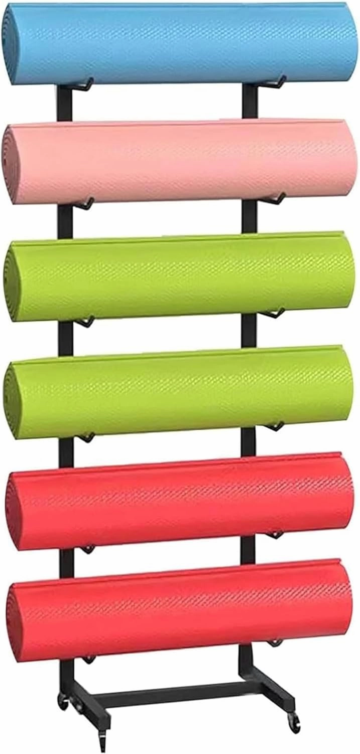 Movable Yoga Mat Rack with Lockable Wheels, Portable Yoga Mat Organizer for Foam Rollers & Exercise Mats, Multi-Purpose Skateboard Foam Roller Storage Rack for Commercial Home