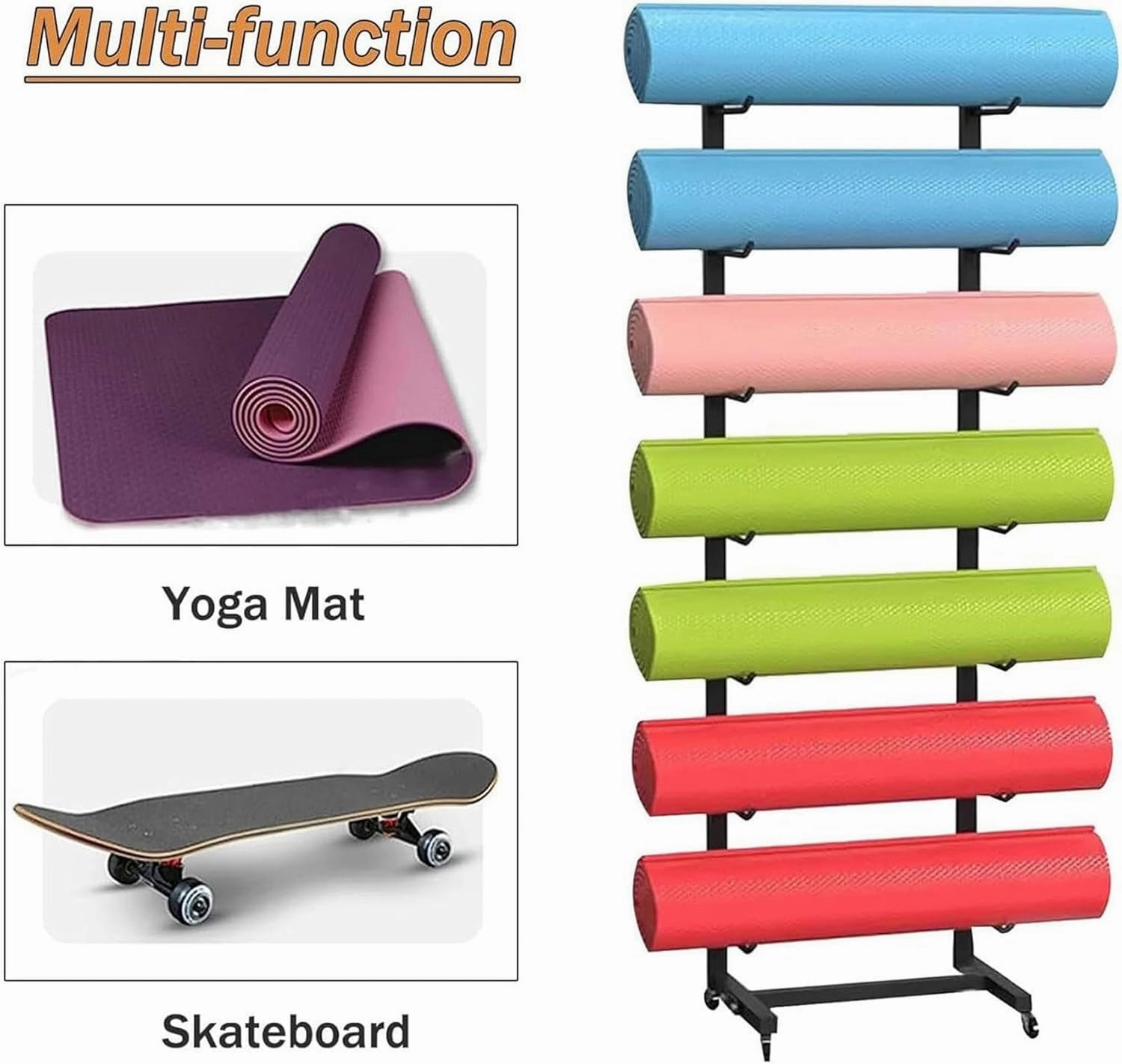 Movable Yoga Mat Rack with Lockable Wheels, Portable Yoga Mat Organizer for Foam Rollers & Exercise Mats, Multi-Purpose Skateboard Foam Roller Storage Rack for Commercial Home