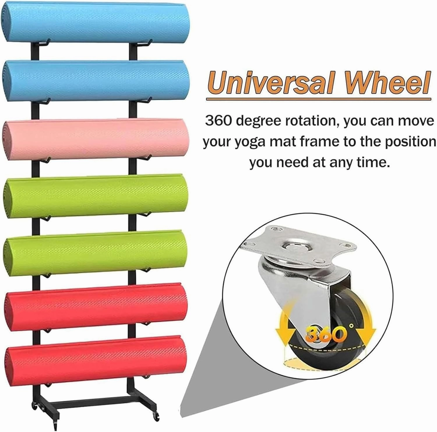 Movable Yoga Mat Rack with Lockable Wheels, Portable Yoga Mat Organizer for Foam Rollers & Exercise Mats, Multi-Purpose Skateboard Foam Roller Storage Rack for Commercial Home