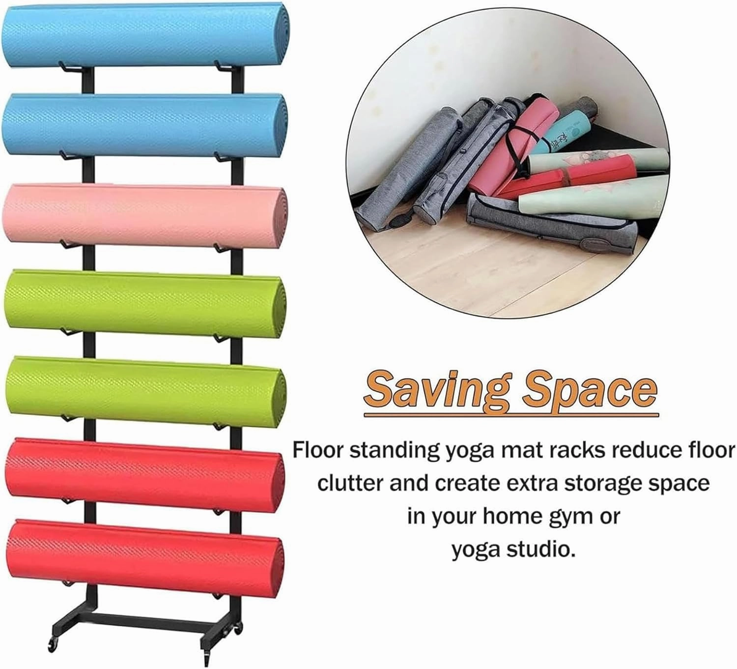 Movable Yoga Mat Rack with Lockable Wheels, Portable Yoga Mat Organizer for Foam Rollers & Exercise Mats, Multi-Purpose Skateboard Foam Roller Storage Rack for Commercial Home