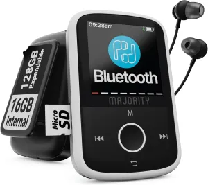 MP3 Player with Bluetooth and Sports Clip | Earbuds Included, Expandable to 128GB | Bluetooth MP3 Music Player, HD Color Screen, 34 Hours Battery Life | SD and USB-C | Majority MP3 GO Music Player