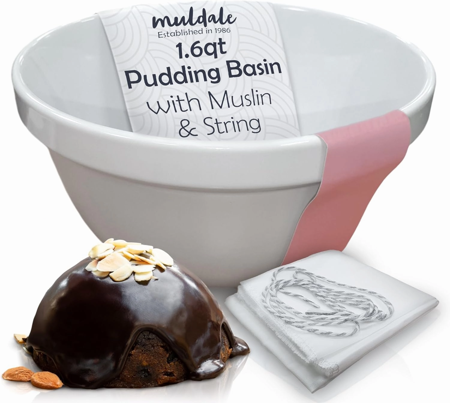 Muldale Ceramic Pudding Basin for Steaming - 1.6qt Winter Steamed Pudding Mold Bowl - Ovenproof Durable and Sturdy White Porcelain - Easy Clean - Made in Europe 8"