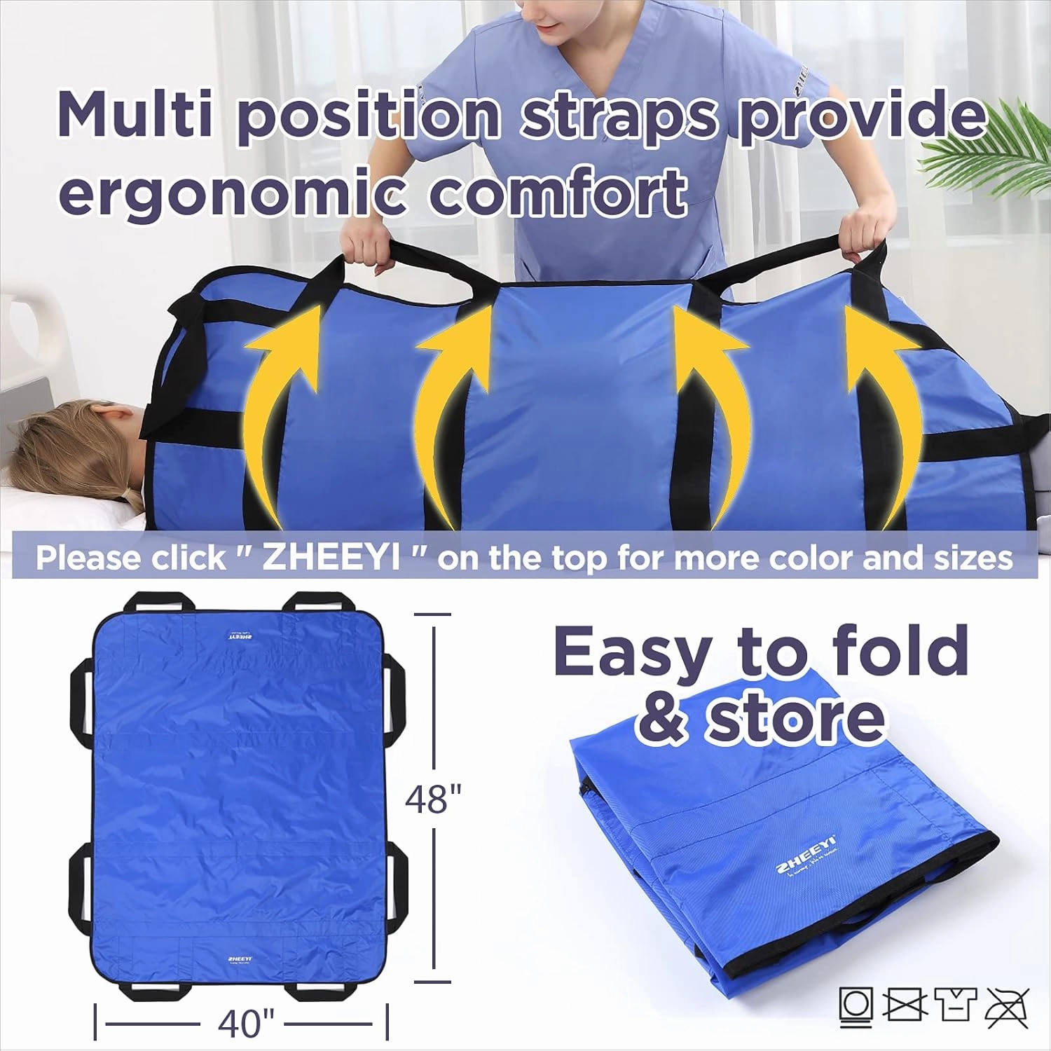Multipurpose 48" x 40" Positioning Bed Pad with Reinforced Handles - Reusable & Washable Transfer Sheet for Turning, Lifting & Repositioning - Double-Sided Nylon Fabric, Blue