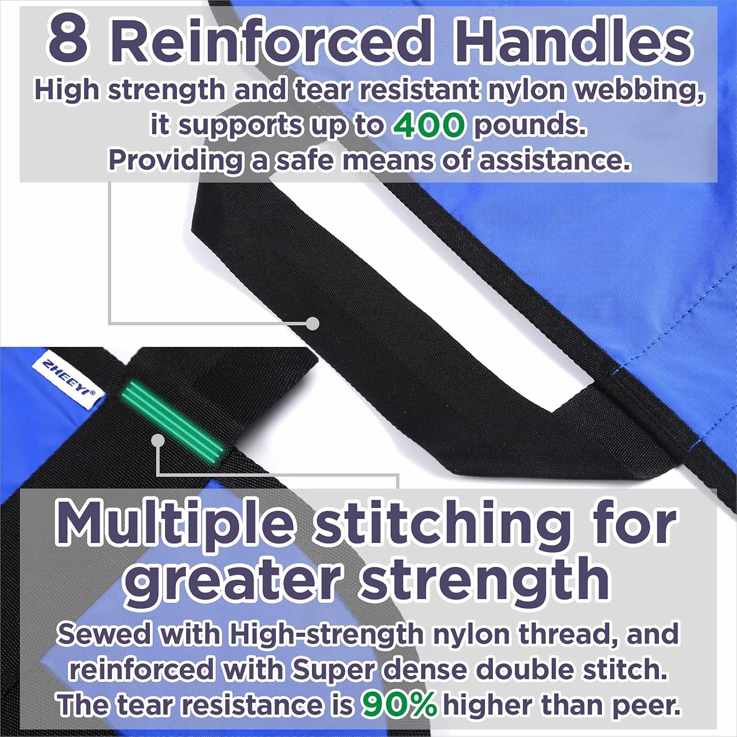 Multipurpose 48" x 40" Positioning Bed Pad with Reinforced Handles - Reusable & Washable Transfer Sheet for Turning, Lifting & Repositioning - Double-Sided Nylon Fabric, Blue