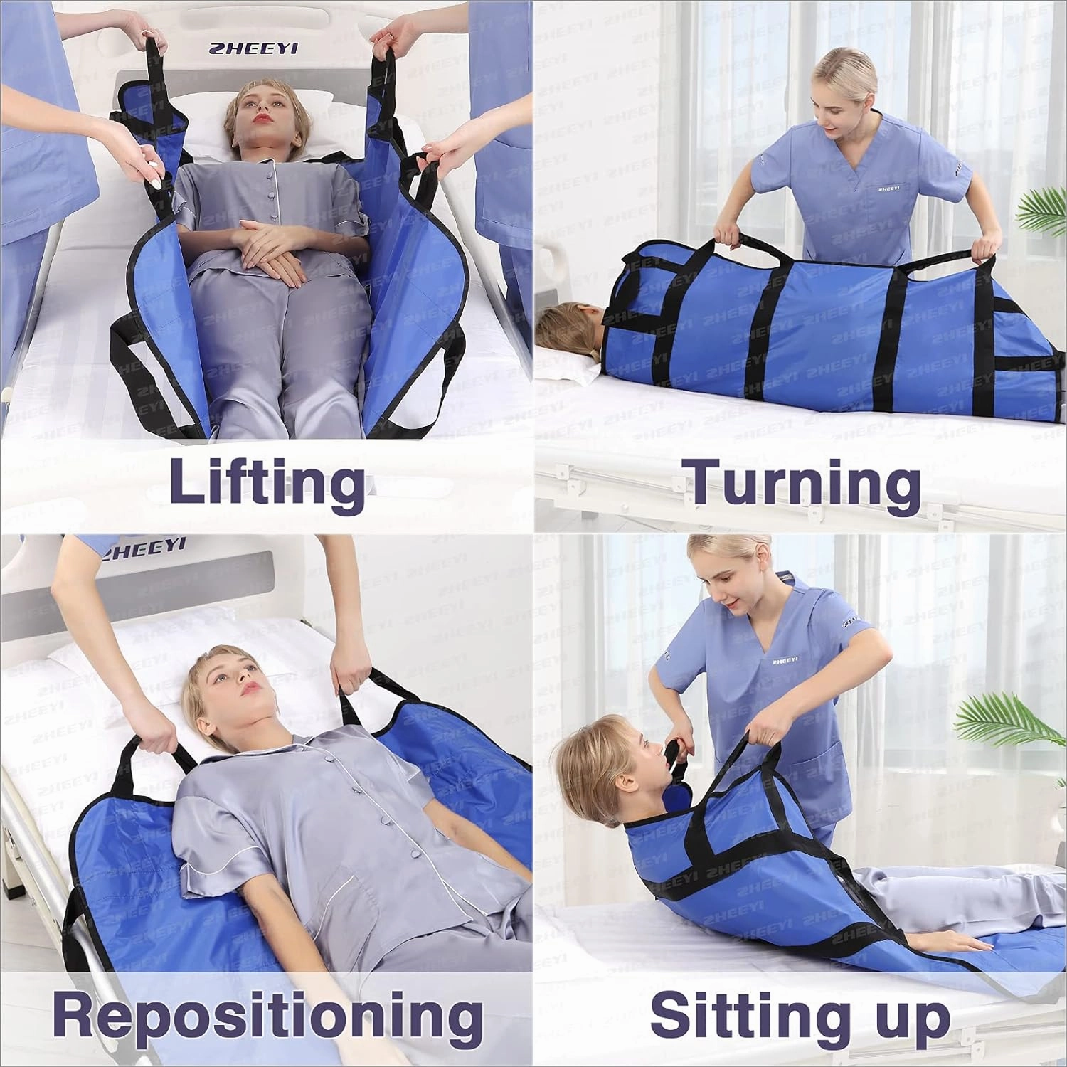 Multipurpose 48" x 40" Positioning Bed Pad with Reinforced Handles - Reusable & Washable Transfer Sheet for Turning, Lifting & Repositioning - Double-Sided Nylon Fabric, Blue