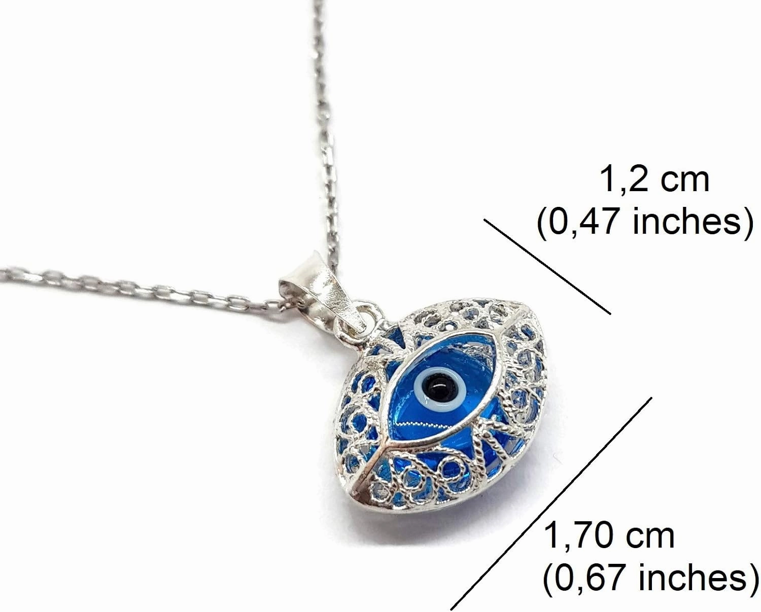 Mystic Jewels - 925 Sterling Silver Glass Evil Eye Drop Shape Filigree Pendant with Silver Chain (Eye Shape)