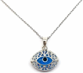 Mystic Jewels - 925 Sterling Silver Glass Evil Eye Drop Shape Filigree Pendant with Silver Chain (Eye Shape)