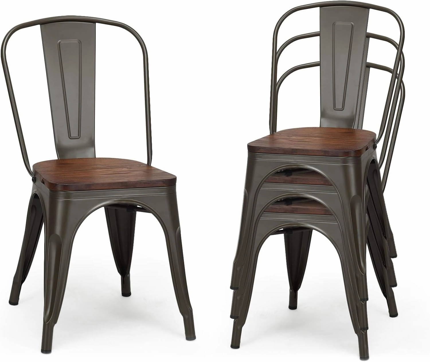 NAFORT Industrial Style Dining Chair Set of 4, 18" Stackable Metal Chairs Set with High Backrest, Wood Seat & Non-Slip Foot Pads, Vintage Rustic Dining Chairs for Living Room, Kitchen & Cafe
