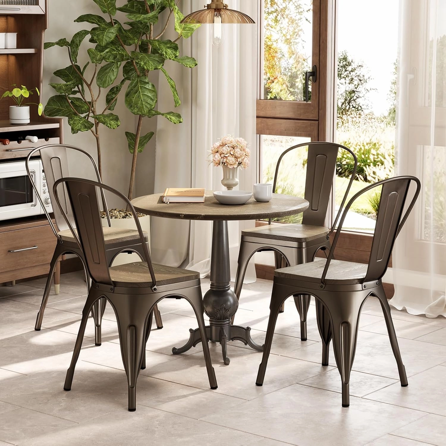 NAFORT Industrial Style Dining Chair Set of 4, 18" Stackable Metal Chairs Set with High Backrest, Wood Seat & Non-Slip Foot Pads, Vintage Rustic Dining Chairs for Living Room, Kitchen & Cafe