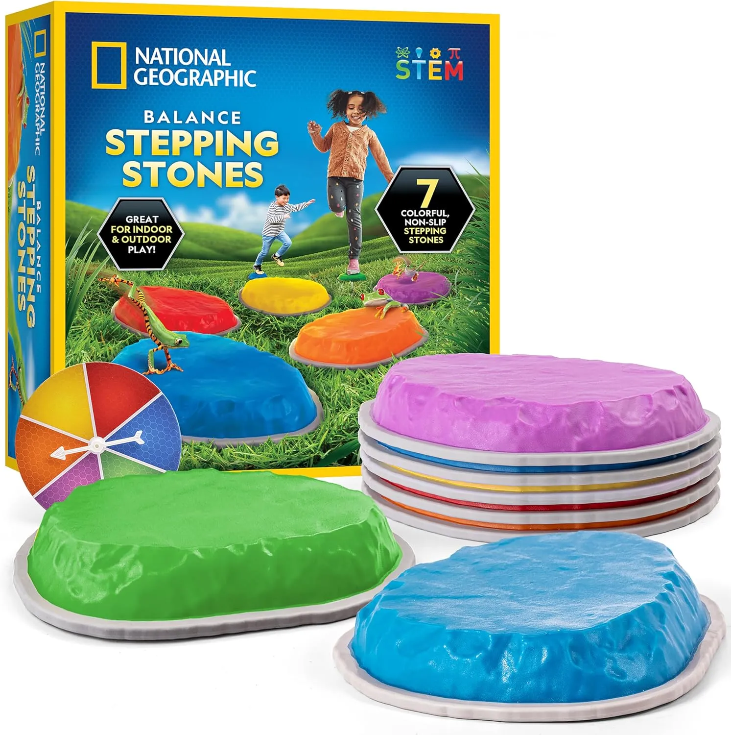 National Geographic Stepping Stones for Kids – 7 Durable, Non-Slip Stones Encourage Toddler Balance & Motor Skills, Indoor & Outdoor Toys, Balance Stones, Obstacle Course