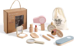 Natural Wooden Makeup Toy Set for Little Girls, Wooden Makeup Kit for Toddlers, Pretend Beauty Salon Set Toy for Girls Princess, 13 Pcs Toddler Wooden Makeup Kit for Kids 3-6 Birthday Gift