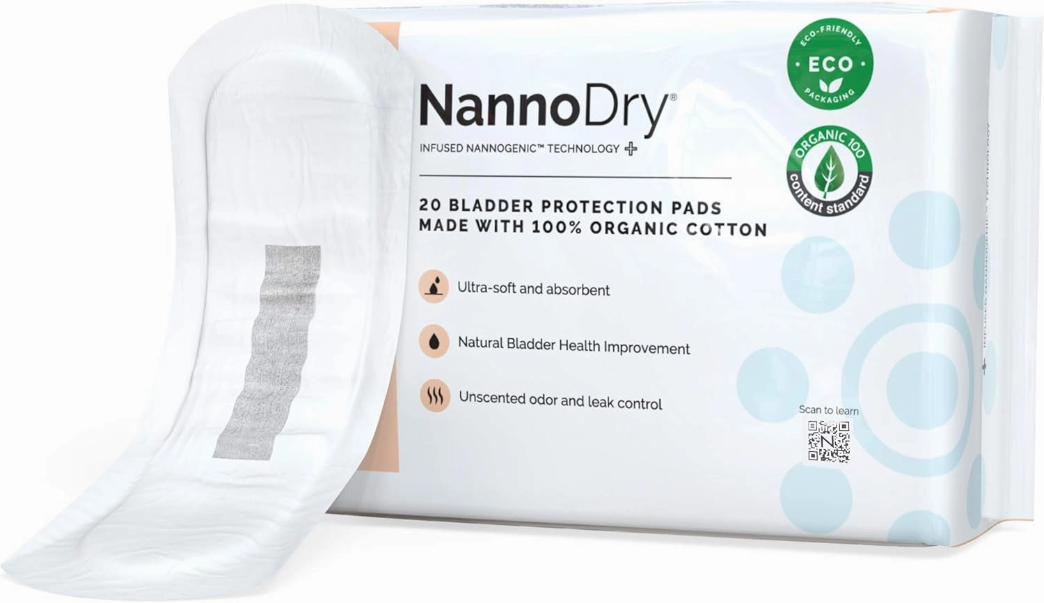 Natural Incontinence Pads - Organic Cotton Bladder Leakage Pads - Extra Large Pads for Incontinent Adults - Nannocare Super Dry (20 Count (Pack of 1) - 16" Long