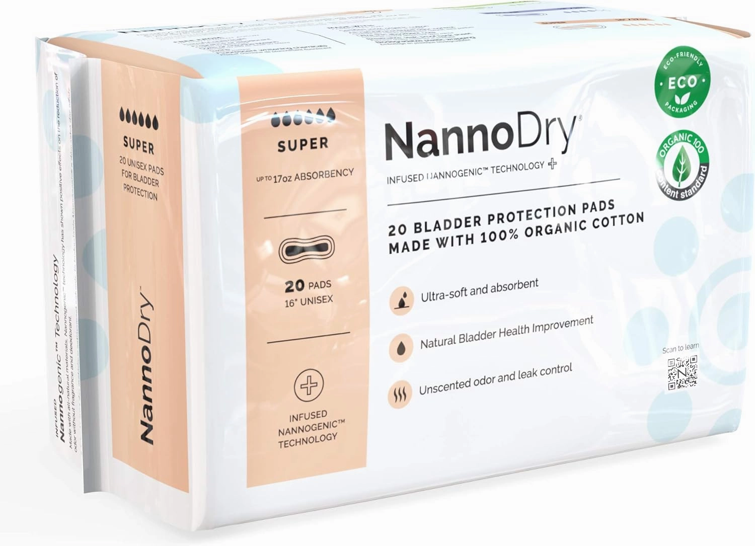 Natural Incontinence Pads - Organic Cotton Bladder Leakage Pads - Extra Large Pads for Incontinent Adults - Nannocare Super Dry (20 Count (Pack of 1) - 16" Long