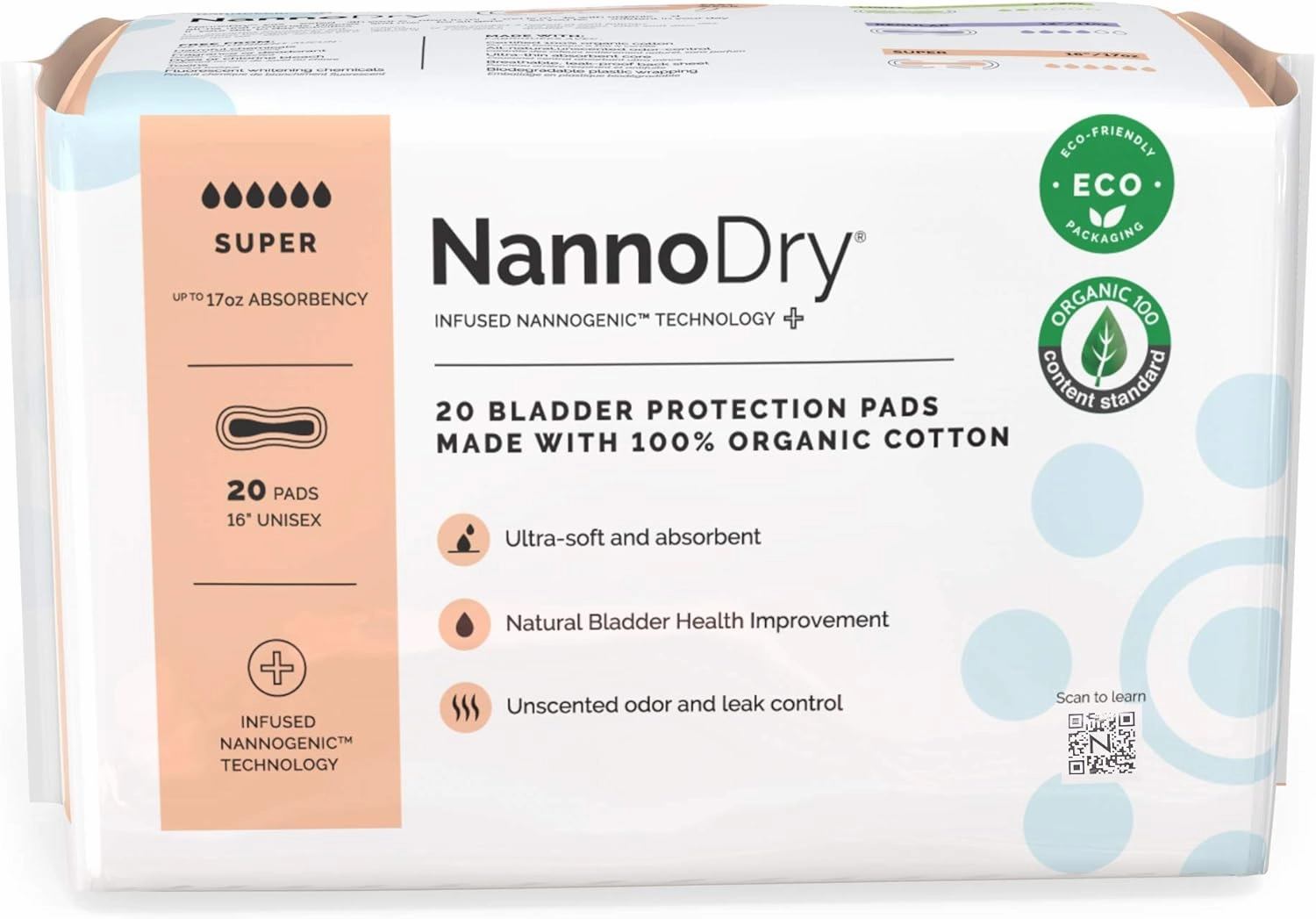Natural Incontinence Pads - Organic Cotton Bladder Leakage Pads - Extra Large Pads for Incontinent Adults - Nannocare Super Dry (20 Count (Pack of 1) - 16" Long