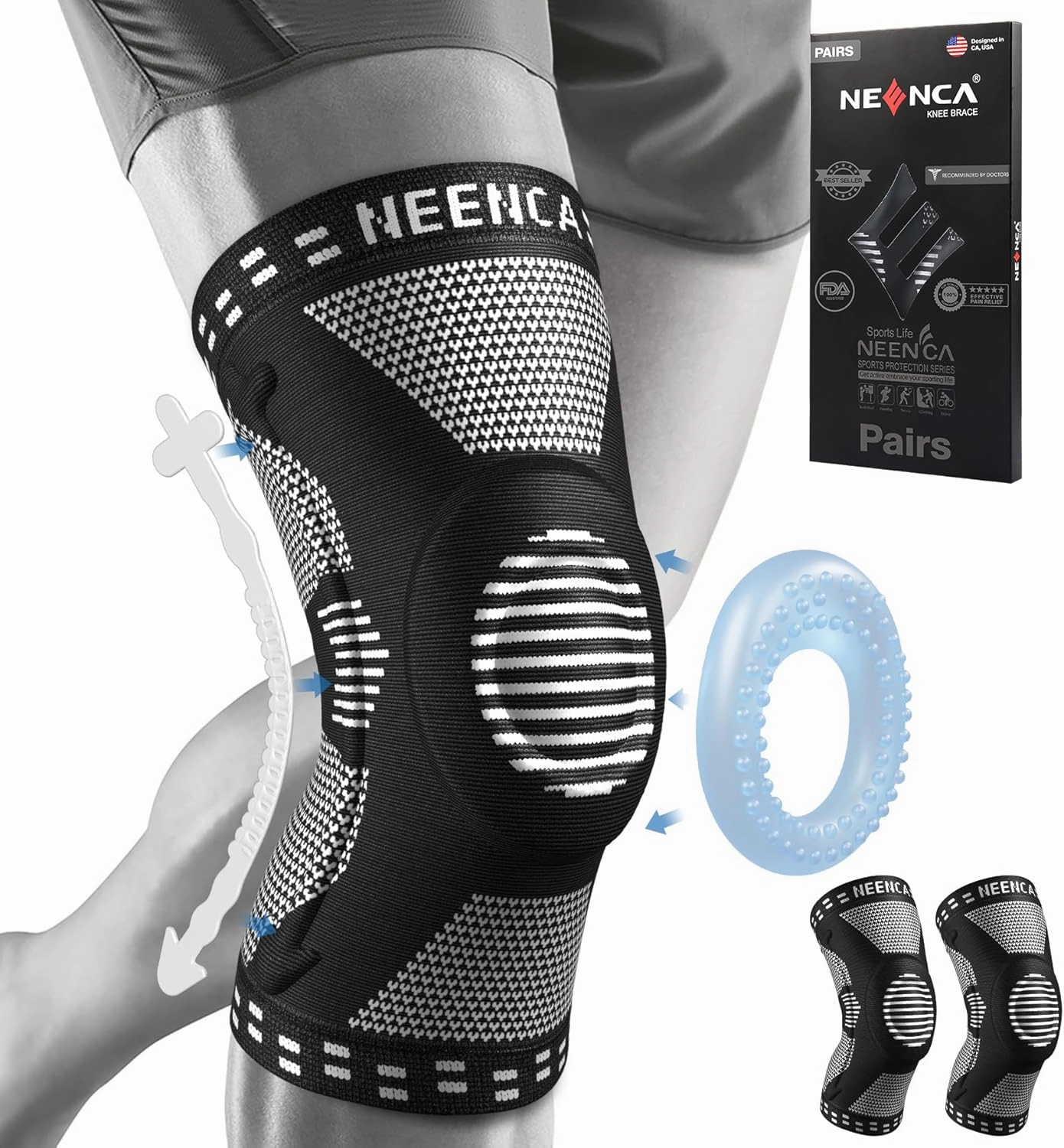 NEENCA 2 Pack Knee Braces for Knee Pain, Compression Knee Sleeves with Patella Gel Pad & Side Stabilizers, Knee Support for Meniscus Tear, Arthritis, Joint Pain, ACL, Runner, Workout- FSA/HSA APPROVED