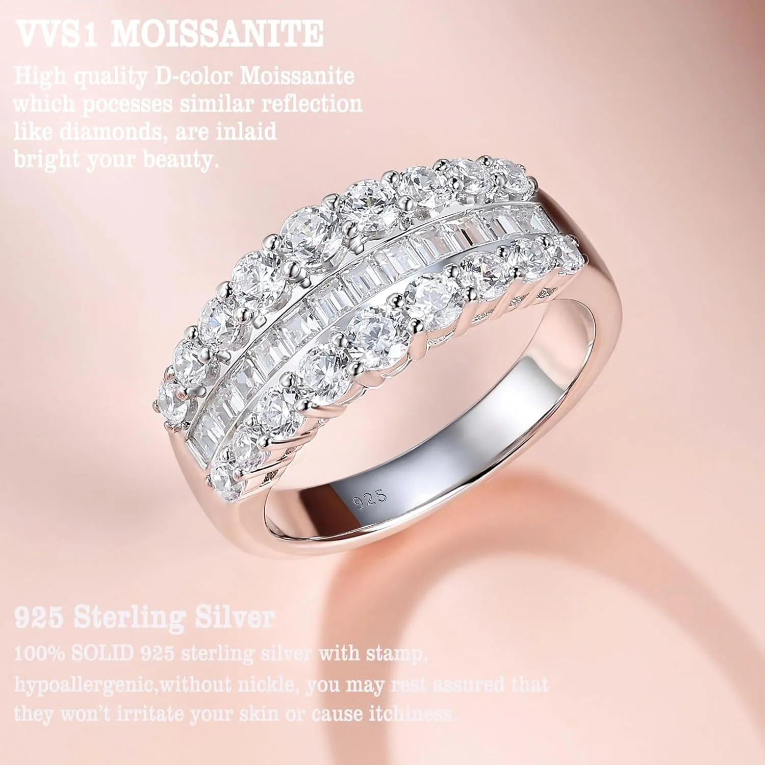 Newshe Jewellery Wide Moissanite Wedding Bands for Women Engagement Rings 925 Sterling Silver Emerald Eternity Ring Round Size 5-10