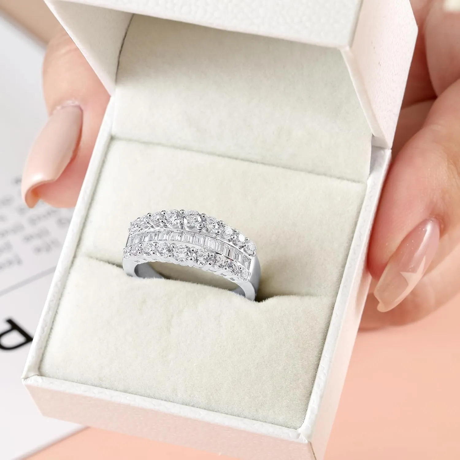 Newshe Jewellery Wide Moissanite Wedding Bands for Women Engagement Rings 925 Sterling Silver Emerald Eternity Ring Round Size 5-10