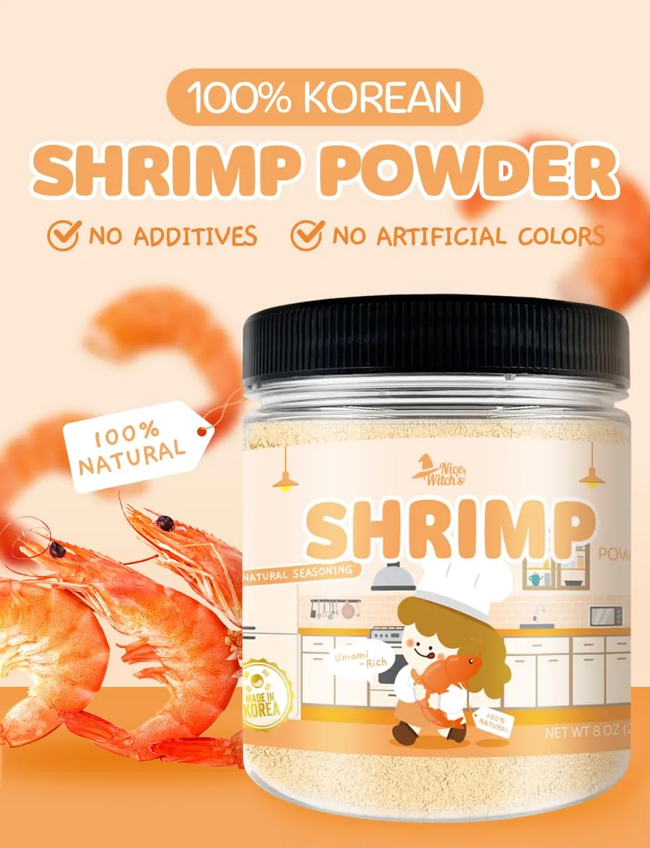 NICE WITCH'S Korean 100% Pure Natural Seasoning 8oz / 227g - Shrimp Powder, MSG Free, Authentic Thai & Southeast Asian Flavor, Pad Thai, Tom Yum Goong, Khao Pad 새우분말 (Shrimp)