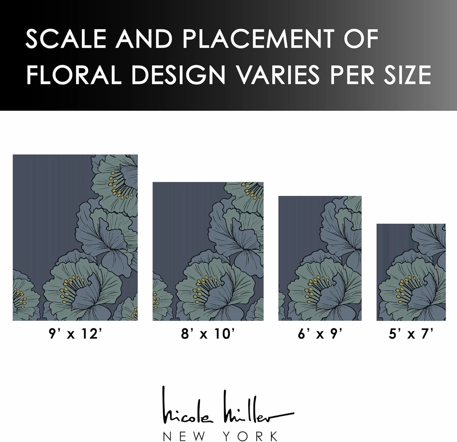 Nicole Miller New York Flora Grandeur Bloom Handcrafted Area Rug, Natural Wool Rug, Bold Floral Rug, Blue, 6'x9'