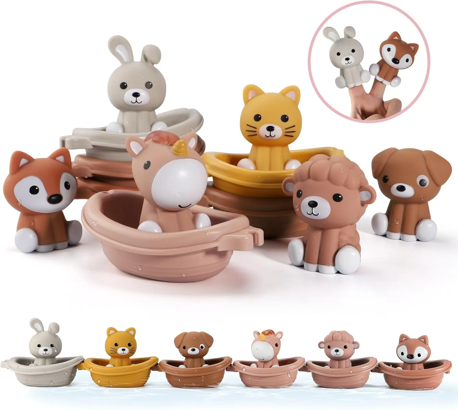 Nueplay Bathtub Toys for Toddlers 18M ，Baby Bath Toys with Animal Finger Puppets， Stackable Boat Train ，Gift for Baby & Toddlers Set of 12