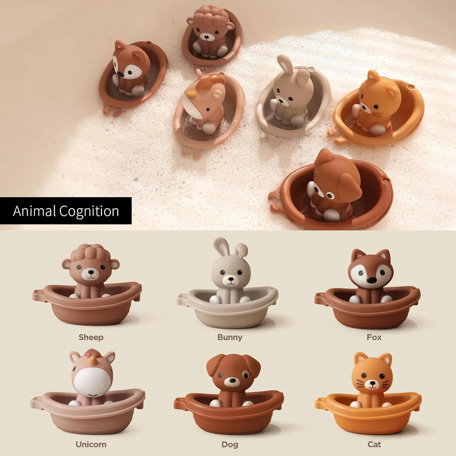 Nueplay Bathtub Toys for Toddlers 18M ，Baby Bath Toys with Animal Finger Puppets， Stackable Boat Train ，Gift for Baby & Toddlers Set of 12