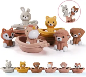Nueplay Bathtub Toys for Toddlers 18M ，Baby Bath Toys with Animal Finger Puppets， Stackable Boat Train ，Gift for Baby & Toddlers Set of 12