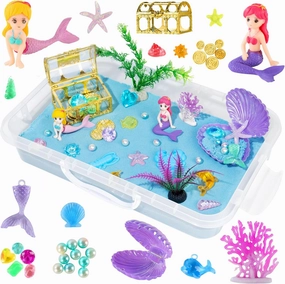 Ocean Sensory Bin Blue Moldable Sensory Sand Kit Sandbox with Lid Colorful Plastic Sea Shell Conch Starfish Gems Toys for Kids,Kids Gifts for Boys and Girls
