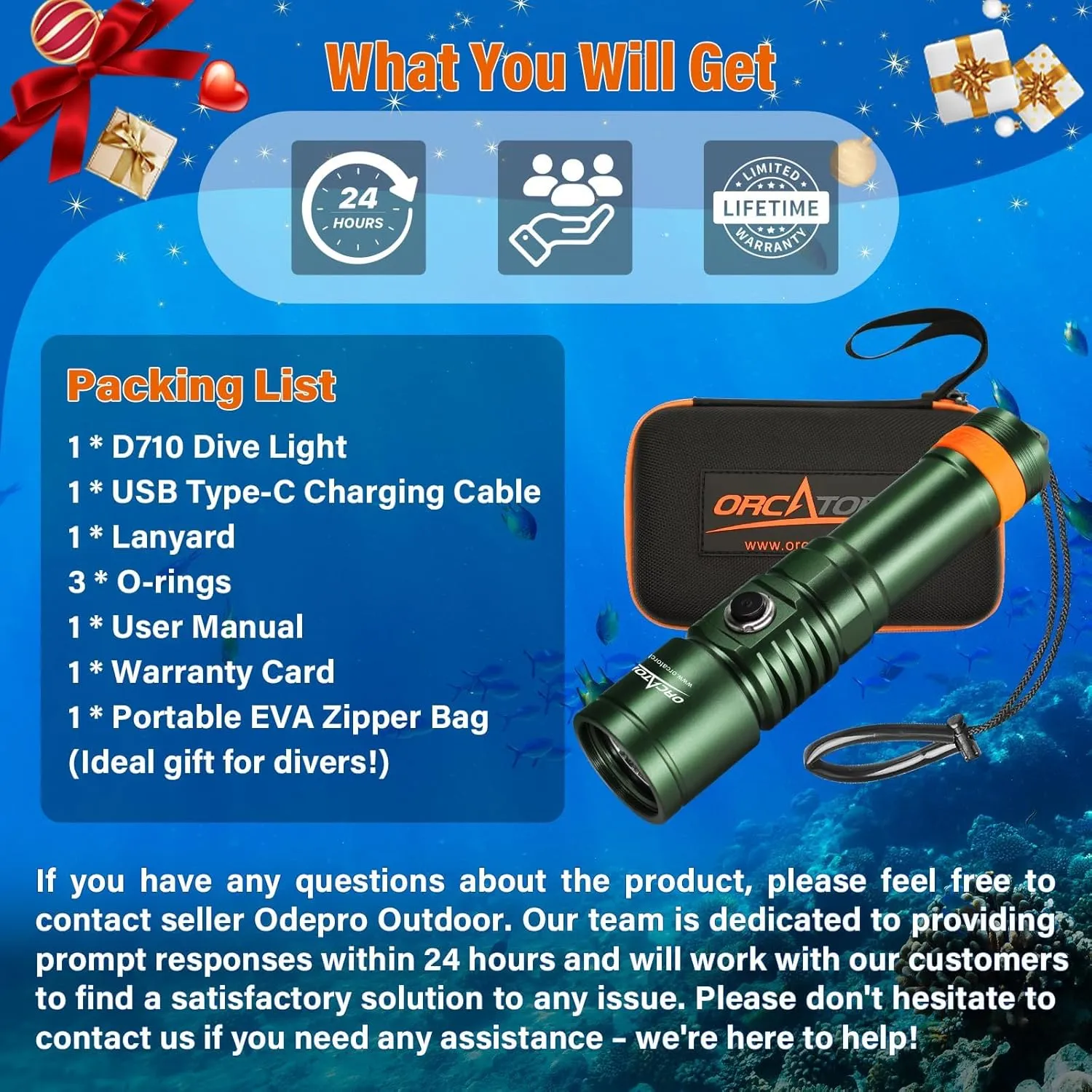 ORCATORCH D710 Scuba Diving Light, 3000 Lumens Super Bright Underwater Flashlight with 6 Degrees Narrow Beam, IP68 Waterproof Night Dive Torch 150 Meters Submersible Light (Green)