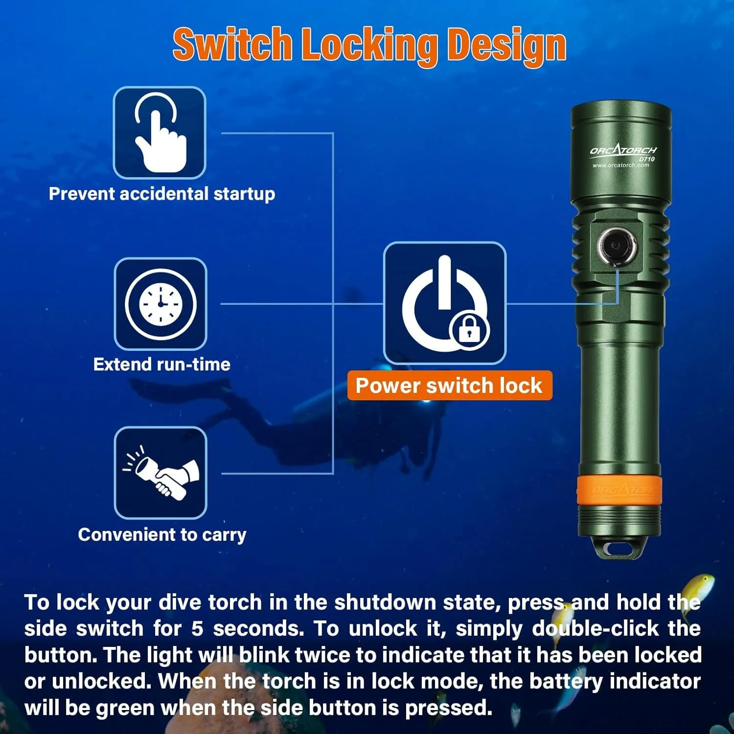 ORCATORCH D710 Scuba Diving Light, 3000 Lumens Super Bright Underwater Flashlight with 6 Degrees Narrow Beam, IP68 Waterproof Night Dive Torch 150 Meters Submersible Light (Green)