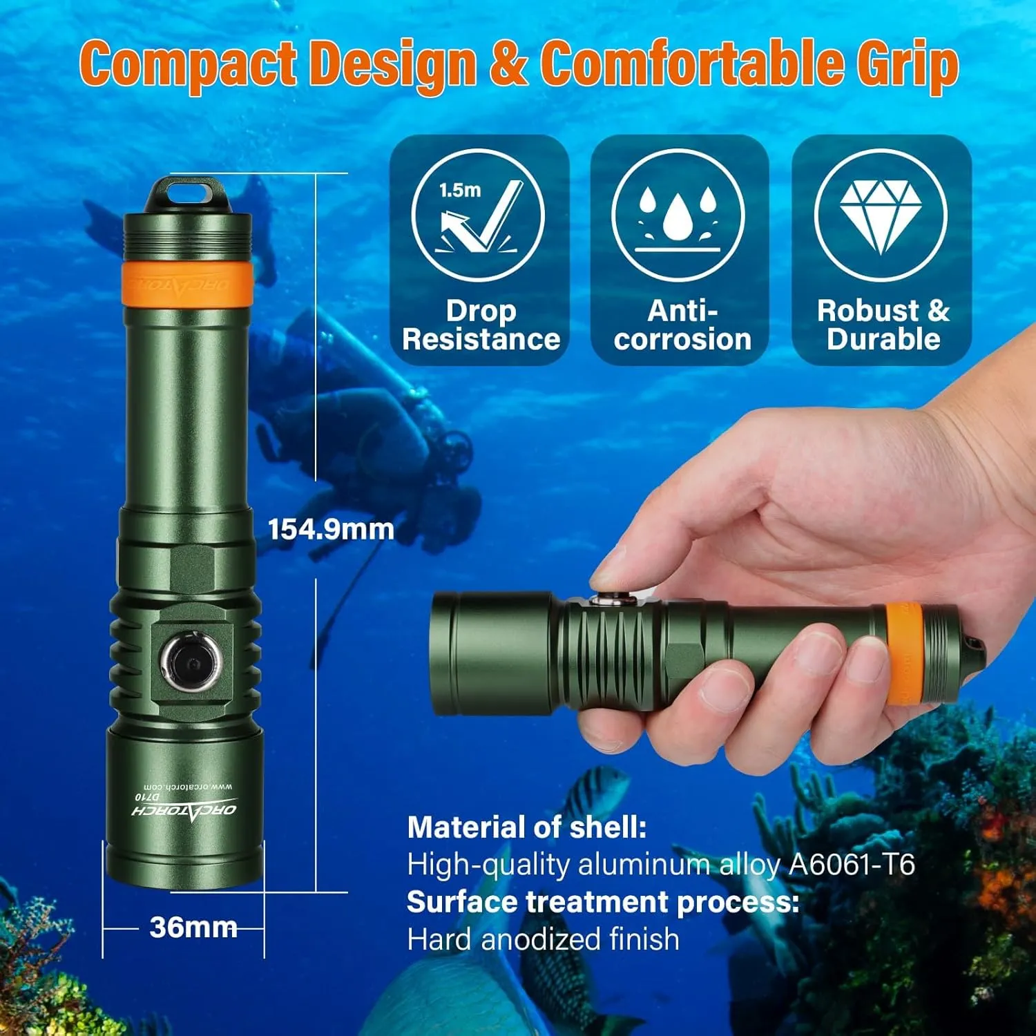 ORCATORCH D710 Scuba Diving Light, 3000 Lumens Super Bright Underwater Flashlight with 6 Degrees Narrow Beam, IP68 Waterproof Night Dive Torch 150 Meters Submersible Light (Green)