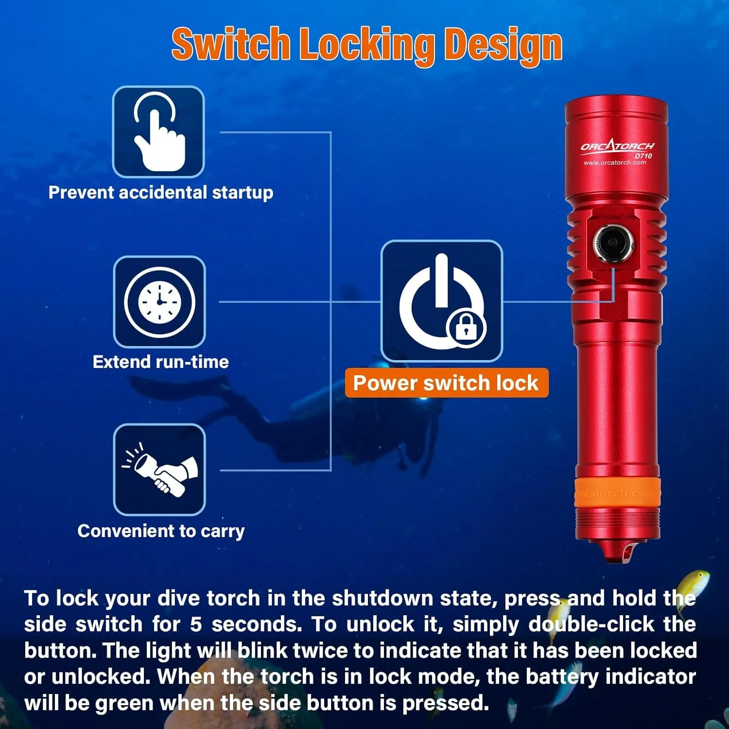 ORCATORCH D710 Scuba Diving Light, 3000 Lumens Super Bright Underwater Flashlight with 6 Degrees Narrow Beam, IP68 Waterproof Night Dive Torch 150 Meters Submersible Light (Red)