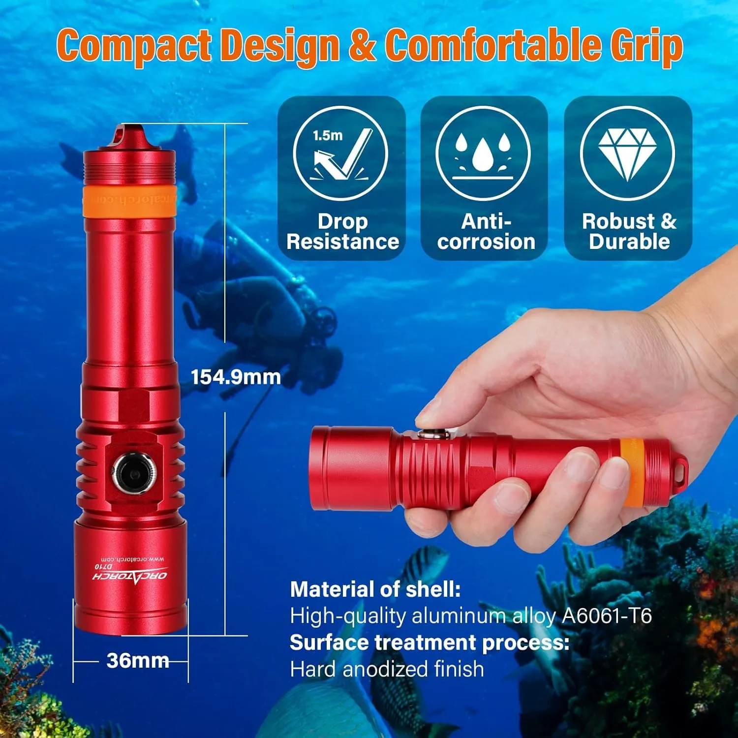 ORCATORCH D710 Scuba Diving Light, 3000 Lumens Super Bright Underwater Flashlight with 6 Degrees Narrow Beam, IP68 Waterproof Night Dive Torch 150 Meters Submersible Light (Red)