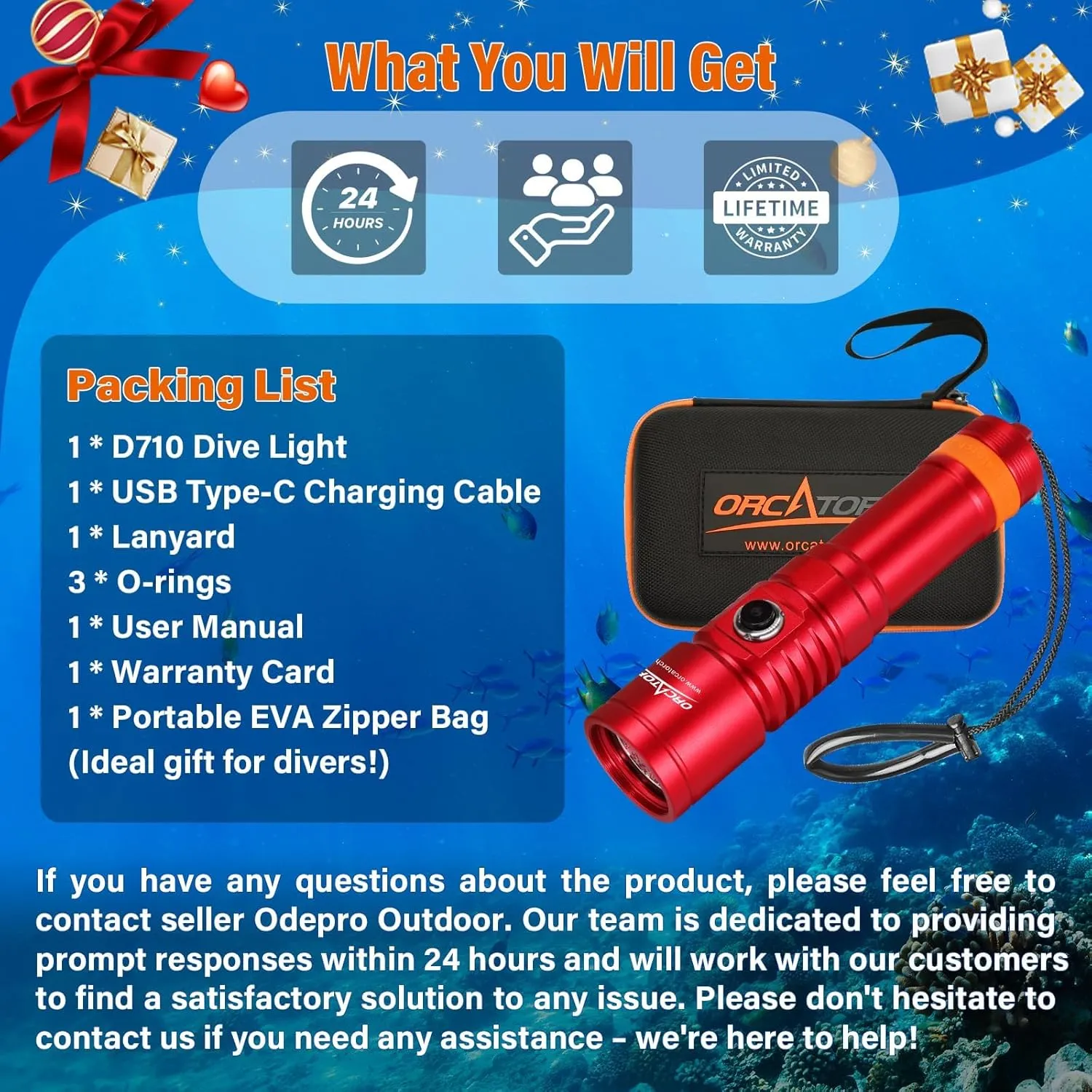 ORCATORCH D710 Scuba Diving Light, 3000 Lumens Super Bright Underwater Flashlight with 6 Degrees Narrow Beam, IP68 Waterproof Night Dive Torch 150 Meters Submersible Light (Red)